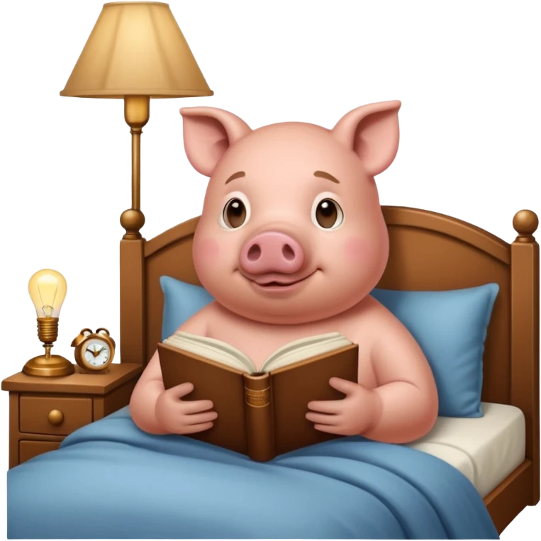 pig reading in bed with retro light lamp next to it emoji
