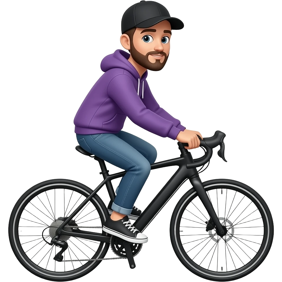 tall skinny guy with black basecap, circle-beard and purple hoodie and jeans rides a black e-bike on white background. emoji