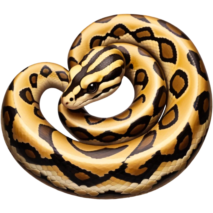 A photo-realistic top-down view of a Ball Python gently coiled into a tight spiral, with its head resting peacefully at the center. Its scales are warm brown with bold, irregular black markings, including the distinctive “alien-head” pattern, flowing smoothly along its body.  emoji