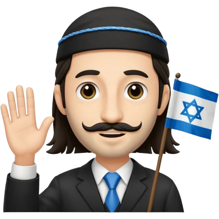 jewish jew man's face, wearing a tiny black kippah and 2 thin long hair strands near the ears, big nose, only face, no body, no mustache, holding israel flag emoji