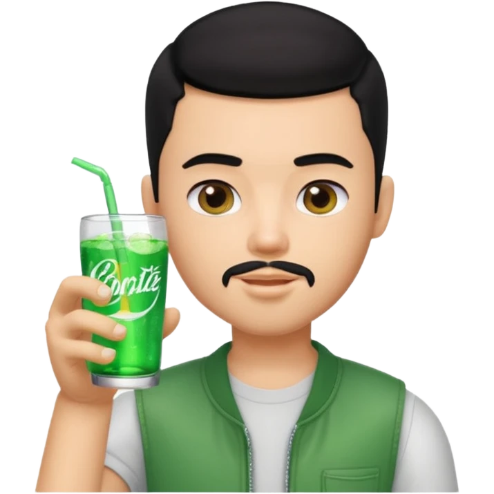 generate a pretty bratz boy with a buzz cut black hair, drinking sprite, bearded,  emoji