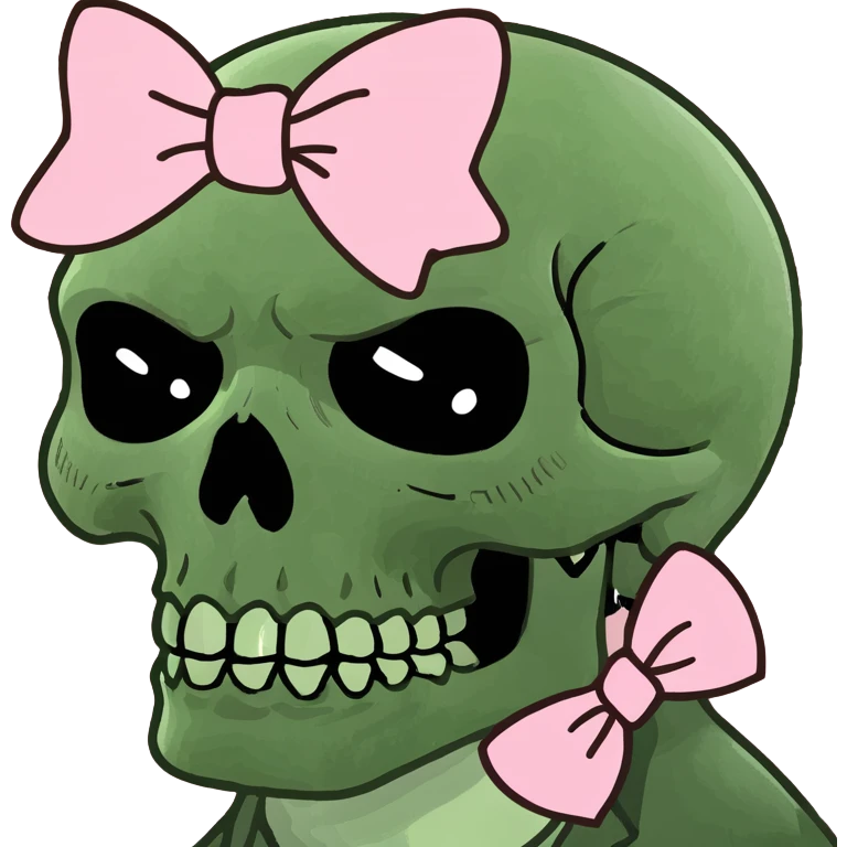 A skull emoji with light pink Bow on side of head  emoji
