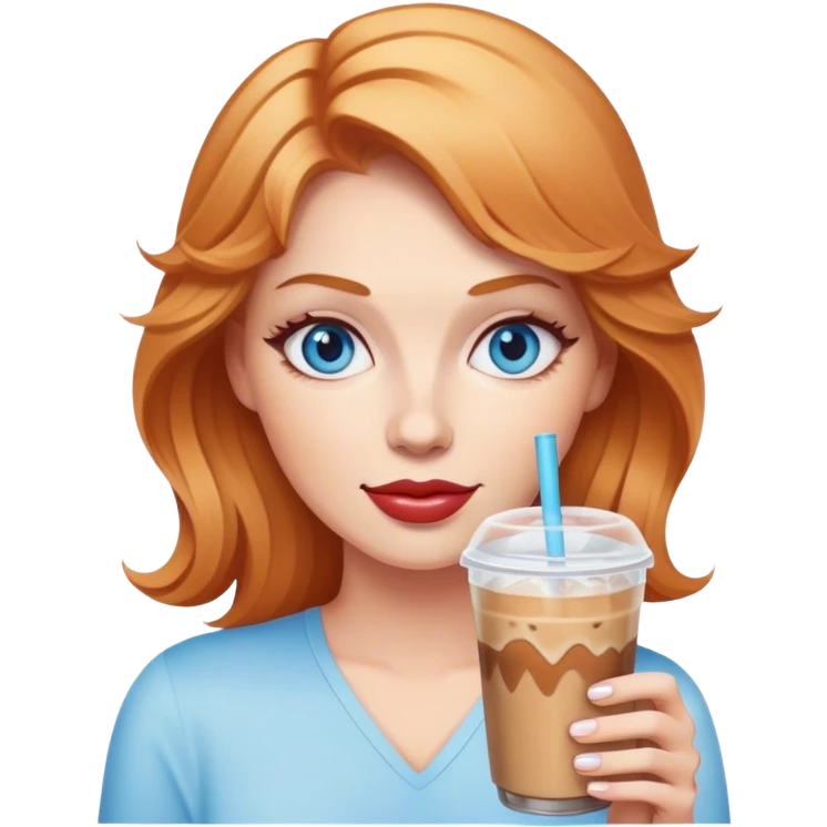Strawberry Blonde woman with blue eyes holding iced coffee emoji