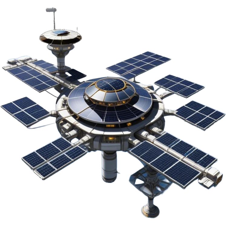  Cinematic Realistic Space Station – A highly detailed, sprawling orbital station with complex solar panels and intricate docking modules. The metallic structure glows faintly from reflected sunlight, with the curvature of Earth and the deep blackness of space in the background. emoji