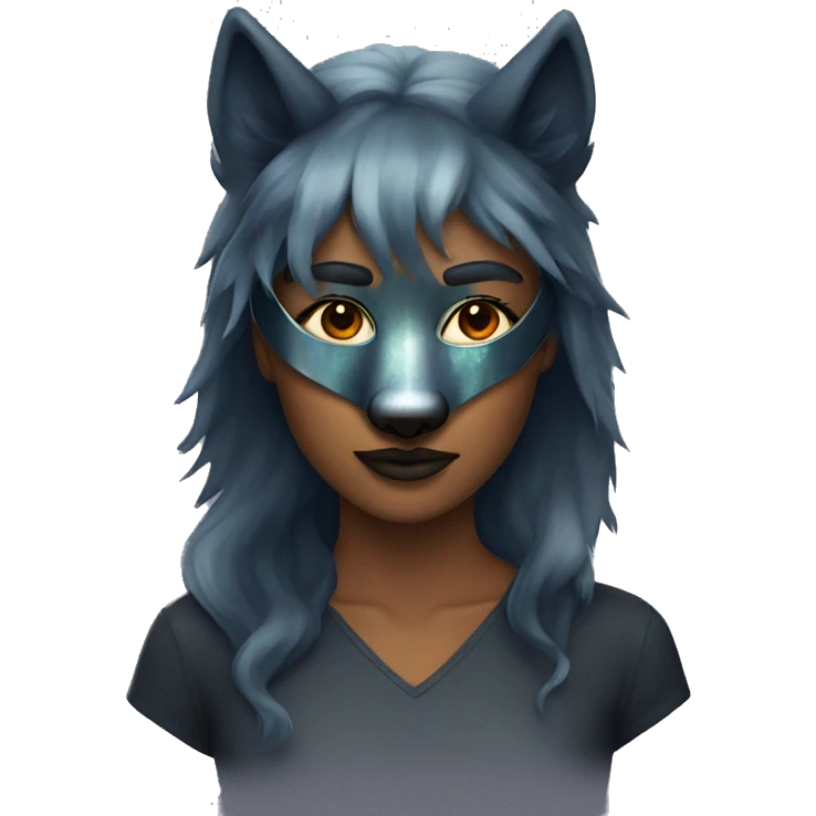 Woman wearing Dark iridescent wolf mask emoji