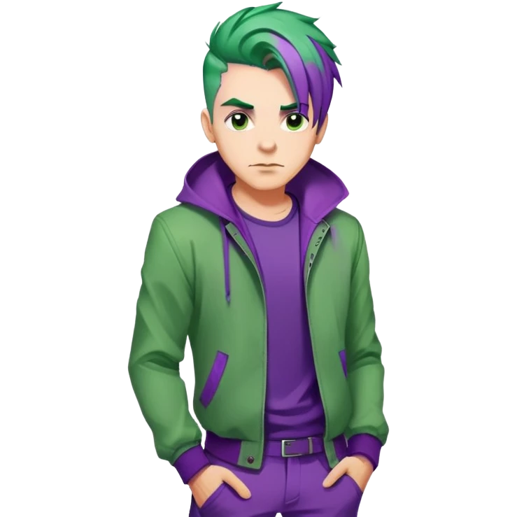 Man with stylish green jacket and purple hair, strong pose, bold expression, modern clothing style emoji