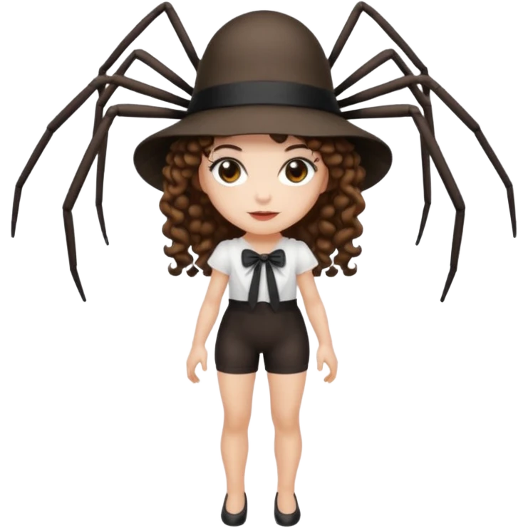 full body woman short curly brown mullet hair brown eyes white skin wearing spider hat and silk ribbon outfit emoji