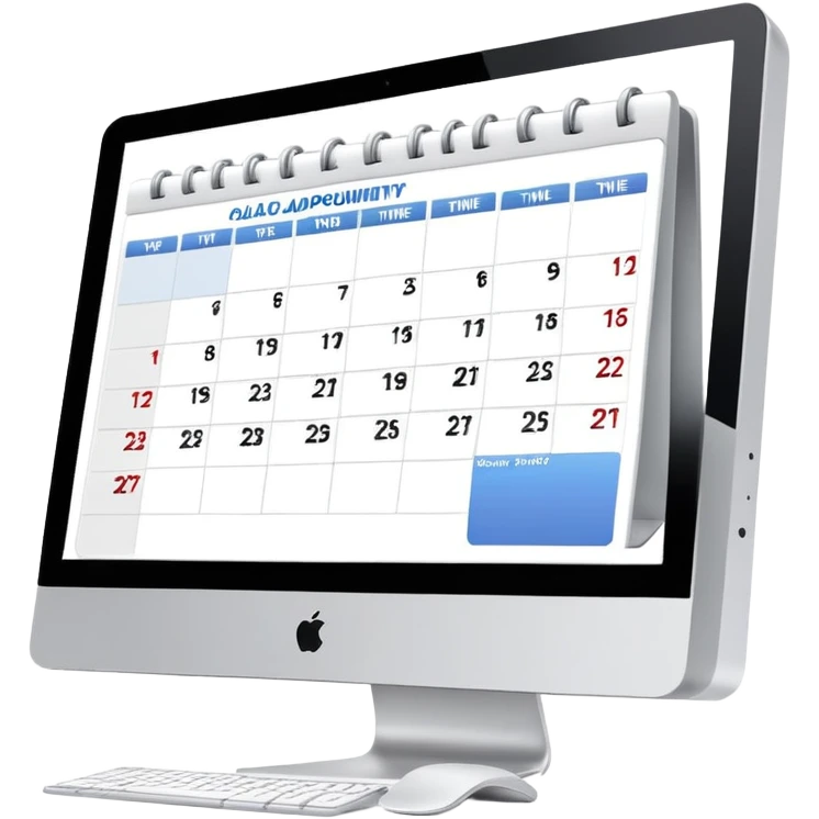 front-facing iMac displaying a day view calendar with time slots and several booked appointments emoji