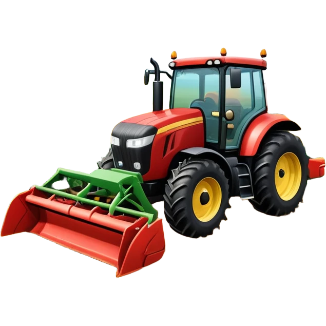 An icon representing a farming simulator, with a detailed tractor plowing fields under a bright sky with bright rural landscape. The design includes farming tools, crops and barns, symbolizing the immersive experience of managing a farm. Transparent background. emoji