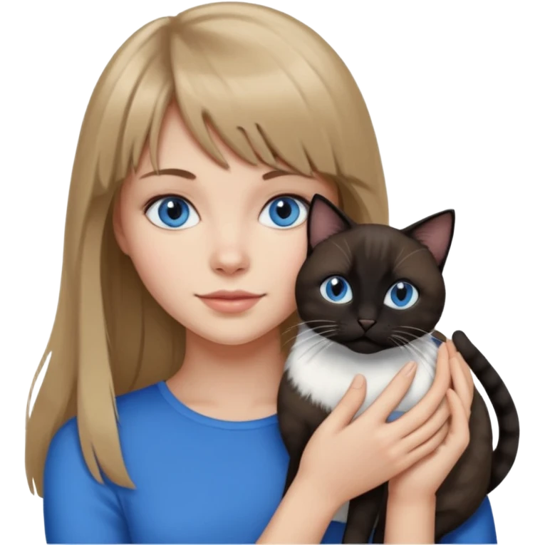 Apple-style emoji sticker of a young woman with long dark blond hair and bang, blue eyes , holding a black and white cat emoji