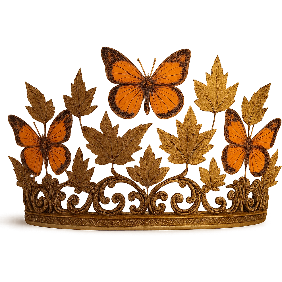 butterfly crown in antique bronze with orange butterflies and autumn leaves, vintage and warm emoji