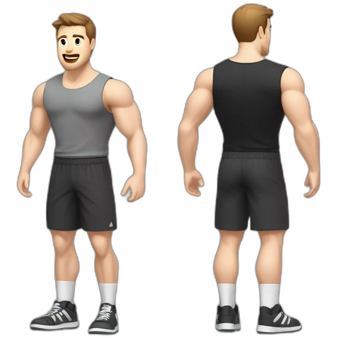 Full height Actively gesturing  with hands Pale skinned Fit Man With the biceps and brown hair in dark gray Sleeveless Mike, black oversize sports shorts, watch and white Sneakers emoji