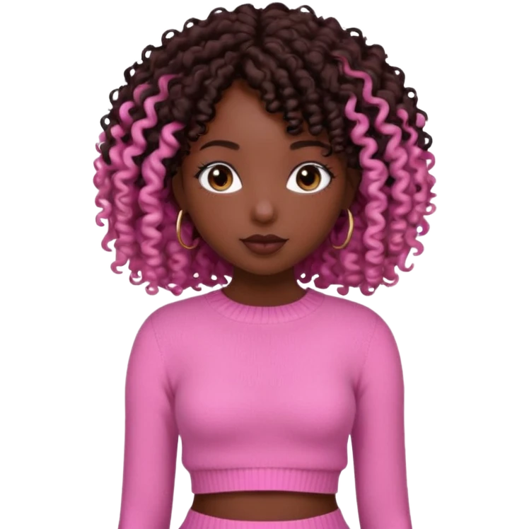 Uma menina negra da pele clara magra definida com roupa de malha rosa com cabelo cacheados  castanho escuro grandão até a cintura sem muito volume no cabelo emoji