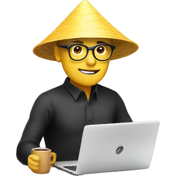 A memoji-style man with yellow skin, wear nearsighted glasses, a traditional Vietnamese conical hat , black shirt, sitting at a desk, a cup of coffee on desk, typing on keyboard, laptop with a logo styled as '</>' in front front emoji