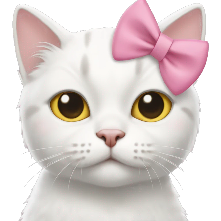 White cat, yellow nose, no mouth, and pink bow holding boba emoji