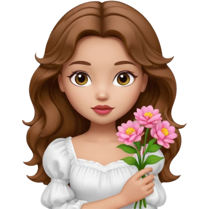 generate a pretty bratz girl with in a white puff sleeve top.  light lipgloss on . Brown wavy hair long. carrying flowers  emoji
