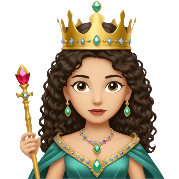 Queen with long dark curly hair, dark brown eyes, light olive skin tone emoji