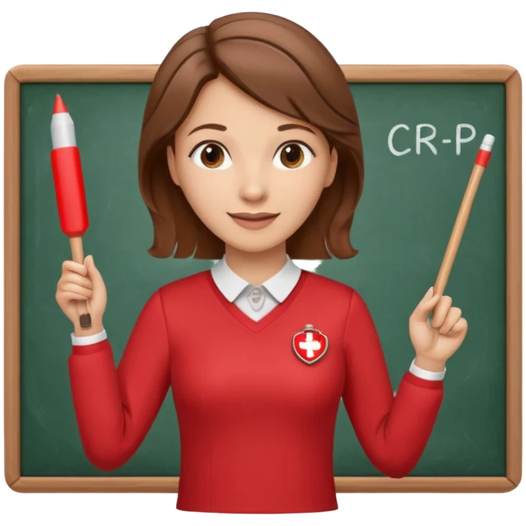 Happy Teacher, female, brown hair up, wearing a red long sleeve top holding a pointer stick to a white board with a CPR logo. emoji