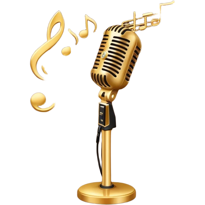 Create a sophisticated and smooth emoji representing jazz vocal performance. The design should feature a stylized microphone, with musical notes swirling around it to convey the fluid, improvisational nature of jazz. Add subtle elements like a vintage microphone stand or a hint of a singer’s silhouette in the background to reflect the live, intimate feel of jazz performance. Use deep, rich colors like gold, black, and burgundy to evoke the classic, smooth vibes of jazz. The background should be transparent. emoji