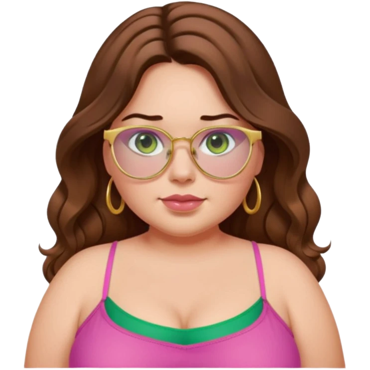 Baddie bratz girl with middle parted long wavy brown hair. green eyes. Plus size. pink spaghetti strap top. Gold glasses emoji