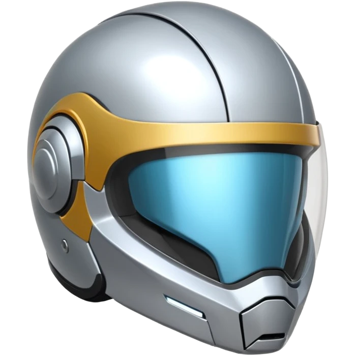 A futuristic helmet emoji made of silver chrome, smooth aerodynamic shape, minimal visor detail, reflective metallic surface, sci-fi aesthetic, iOS emoji style, centered on clean white background emoji