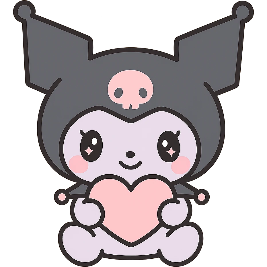 Kuromi character sitting cross-legged with a heart in her lap, kawaii style emoji