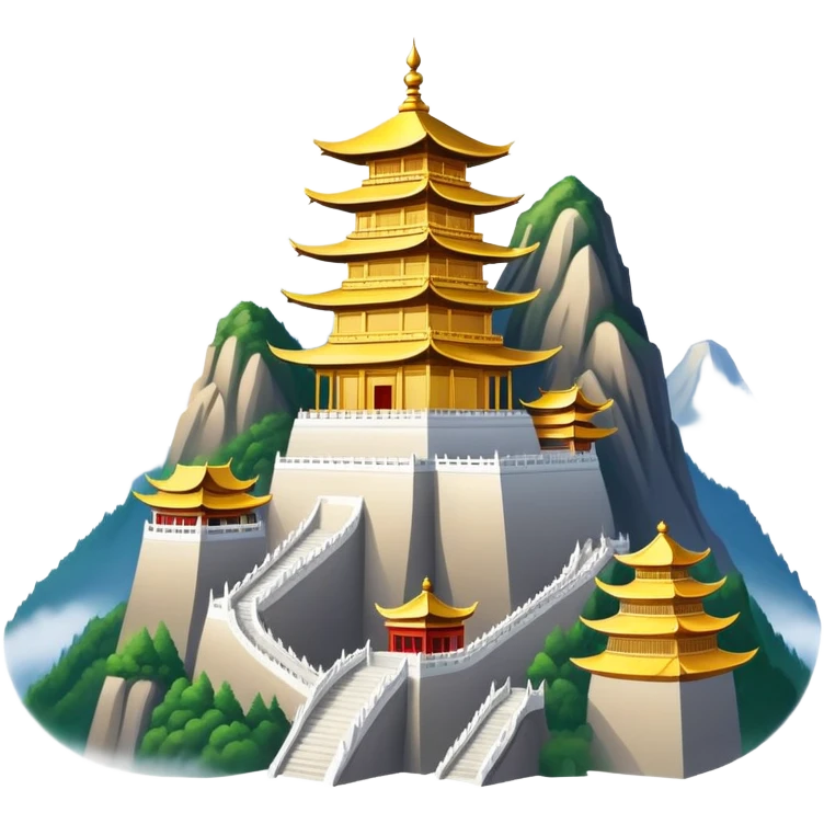 Mount Emei misty peaks with golden temple Sichuan, simplified emoji style with bold outlines and bright colors, cartoon style mountain with clouds emoji