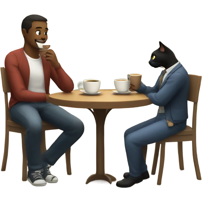Cat having coffee at table with man emoji