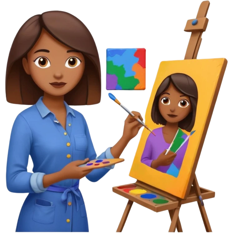 woman artist painting at an easel, surrounded by colorful canvases, simple and expressive emoji