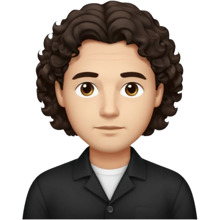 He’s a man with light to medium skin, a defined oval face, full brows, deep-set eyes, and voluminous wavy to curly dark brown hair styled with height. expression calm and focused relaxed black open-collar shirt.polished, articulate, and professional vibe. emoji