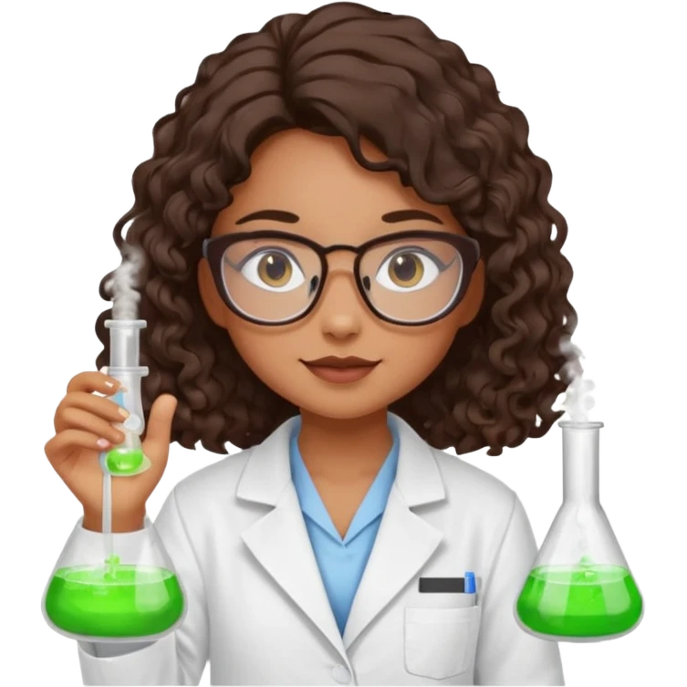 realistic bratz doll with long loose curly dark brown hair, glasses that are round cat eye vibes, in a lab coat mixing beakers that glow shes a 4th grade girl emoji