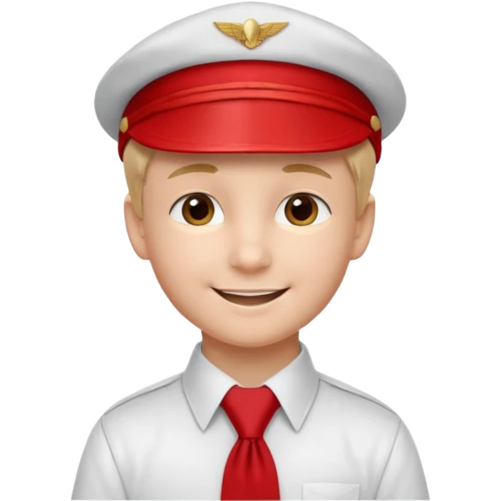 A Soviet pioneer emoji — smiling young boy wearing a white shirt with a bright red pioneer necktie and a classic red pilotka cap. not a cowboy hat. Flat, smooth 3D shading emoji