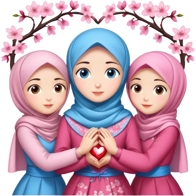 Four sister hugs Turkish girls beautiful finish Konya blue eyes with cherry blossom hijab and heart dress and hugs  emoji