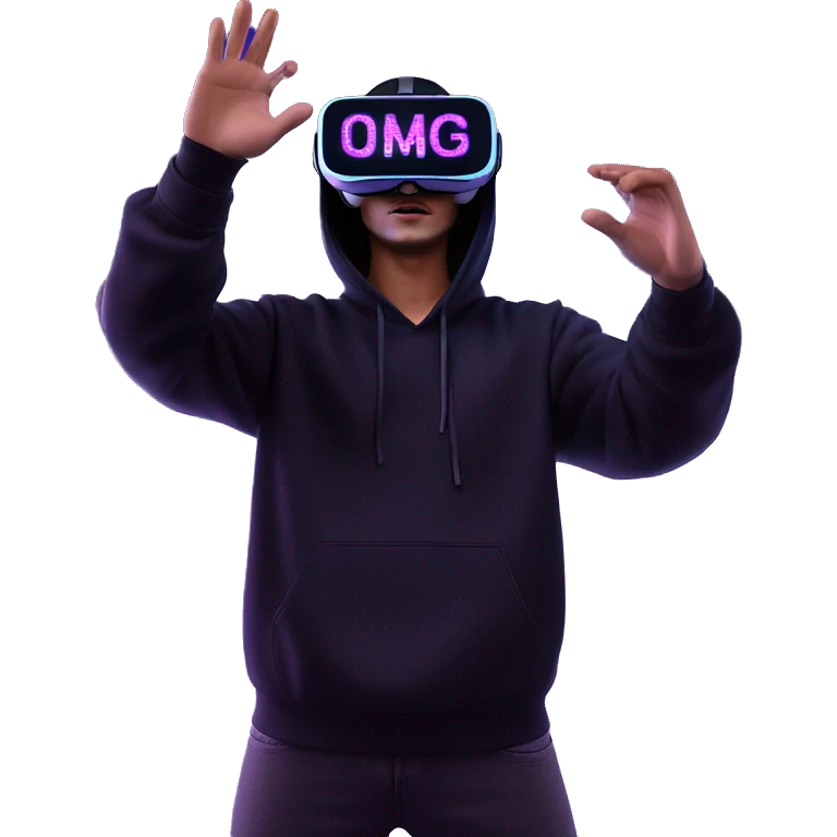 Russian man wearing a black hoodie with "OMG" letters on it and VR headset oculus quest 2 in a cyberpunk VR environment with violet neon lighting. Showing direction with hand emoji