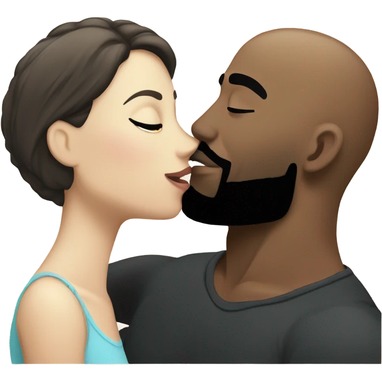 White brunette kissing muscular black bald man with beard emoji