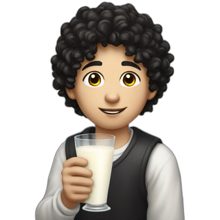 A side-portrait from the shoulders up of a pasty white teenage boy with dark black curly hair holding a chalice of milk emoji