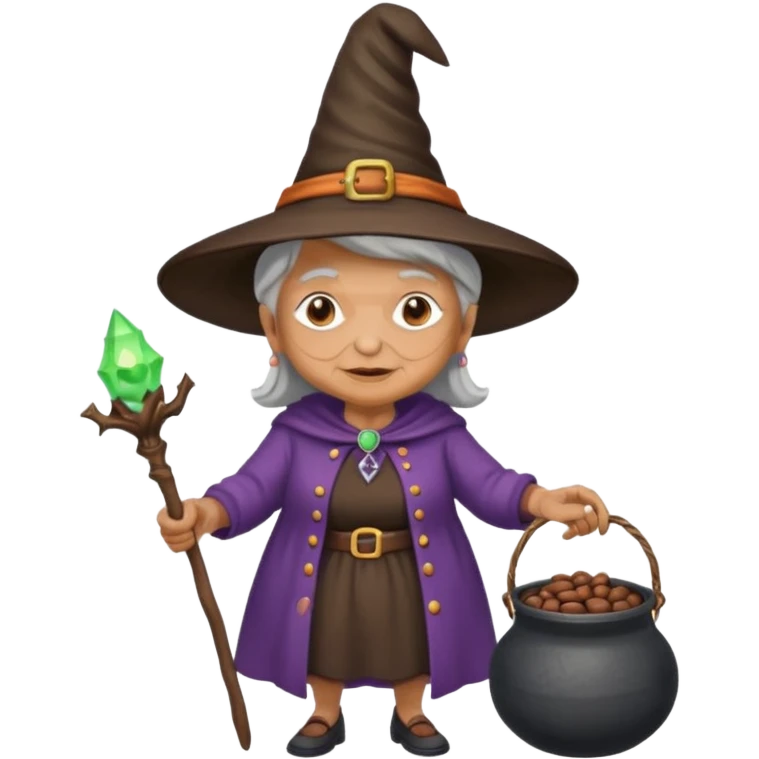 A grandma walking with a magic wand and a cauldron while holding a can of beans emoji