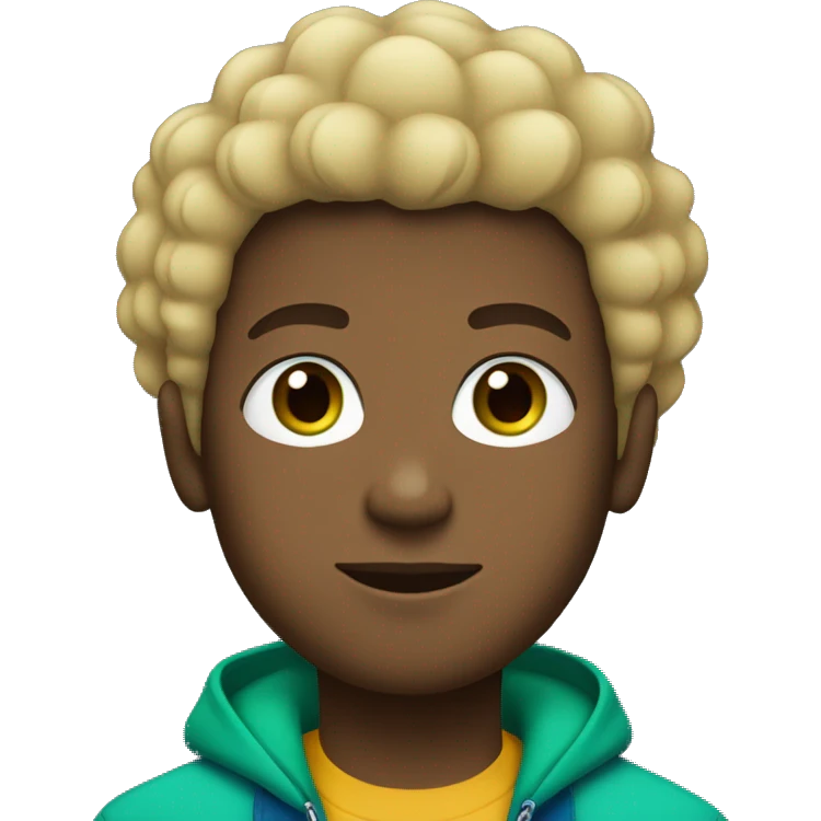Black boy with blonde afro, green eyes, blue backwards cap, and green jacket with oversized zipper emoji