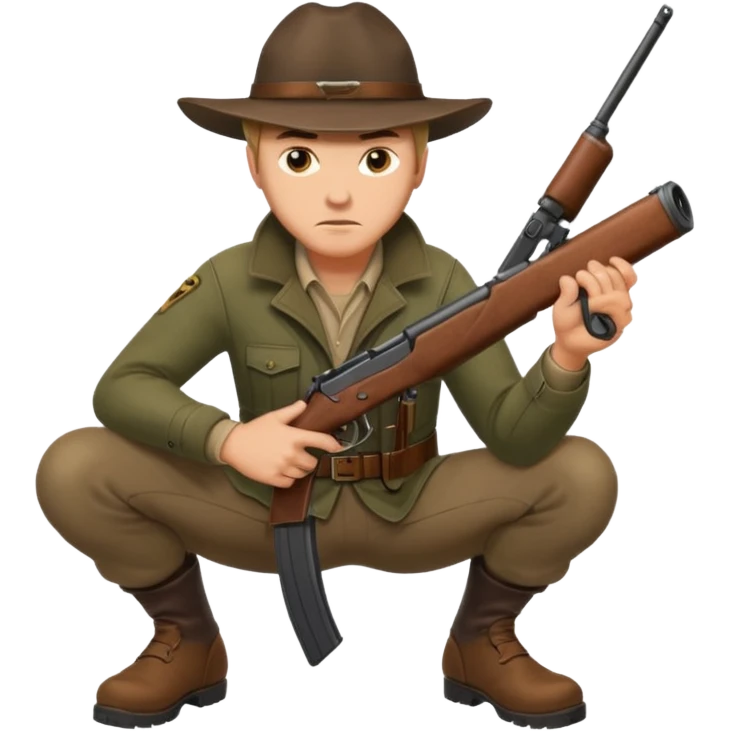 male hunter crouching with gun, alert expression emoji