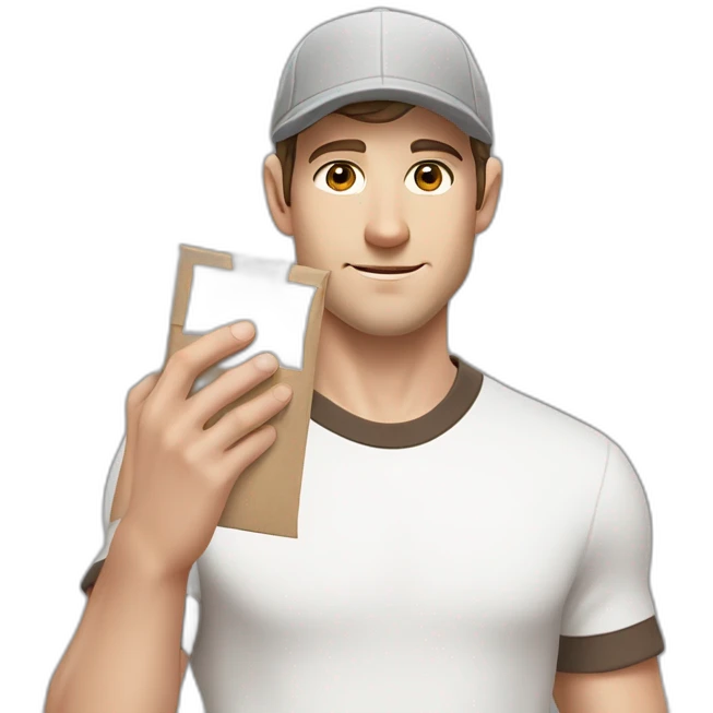 Pale skinned fit Man with dark brown hair in a light gray cap, dark brown jeans, brown polo and white T-shirt keeping a pasted with tape white box into his hands emoji