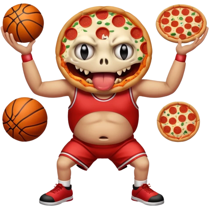 a glitch abomination with hands for a head, a baskeball stomach, pizza eyes emoji