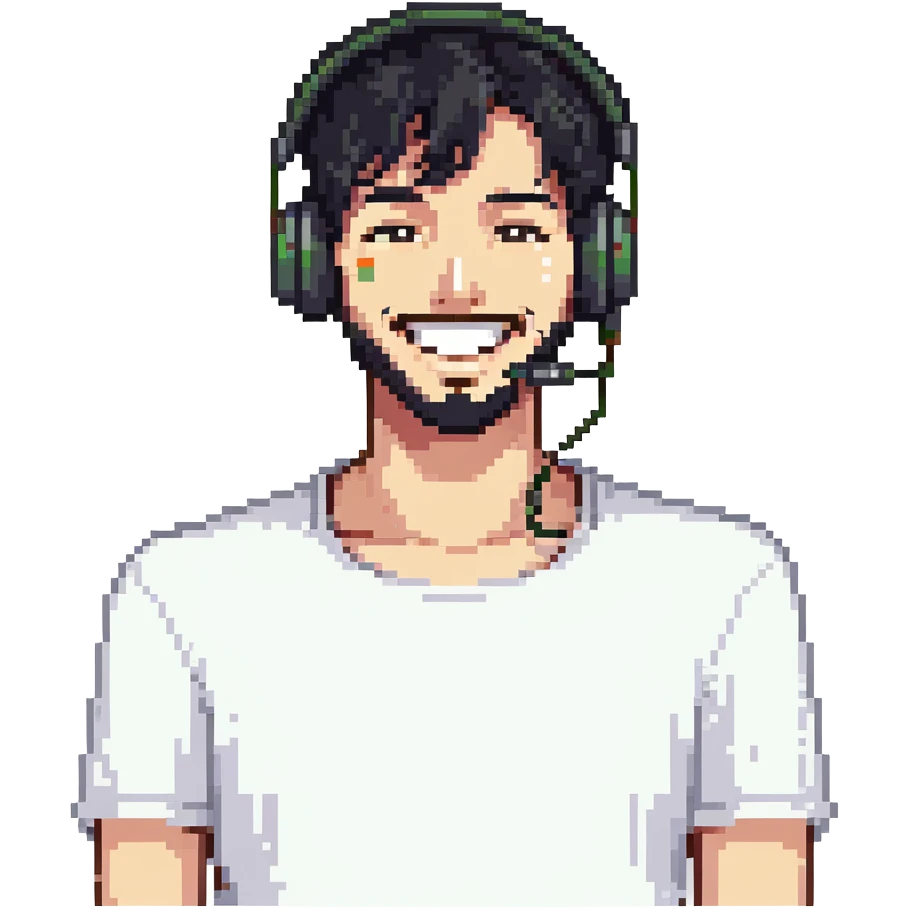 anime style laughing man with black hair, brown eyes, black beard wearing gaming headset emoji