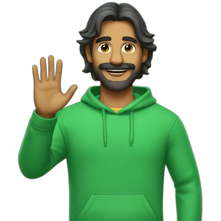 an indian man wearing a green sweatshirt, long hair, extremely short beard and mustache, waving goodbye, close up emoji