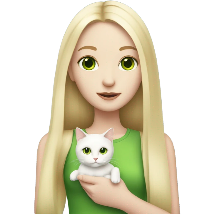 A pale girl with long blonde straight hair and green eyes holding a small white cat emoji