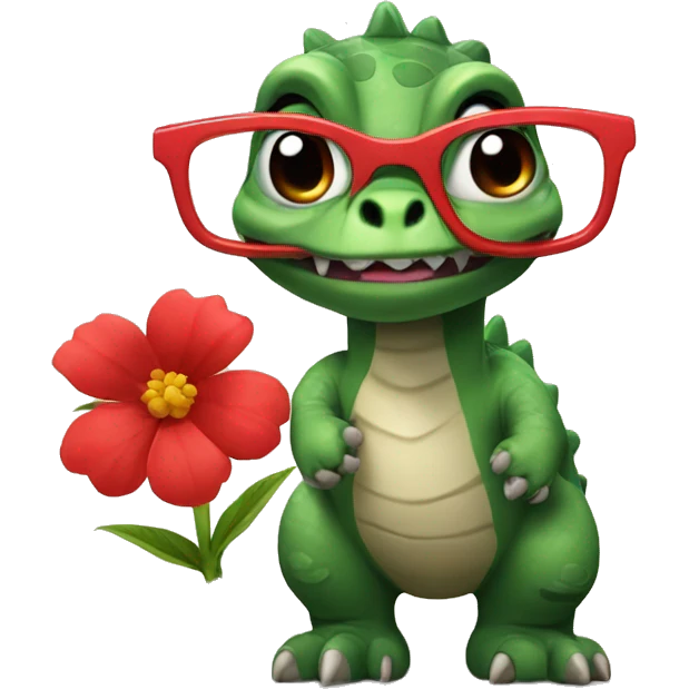 dinosaur with sharp red glasses and a flower in its paw emoji