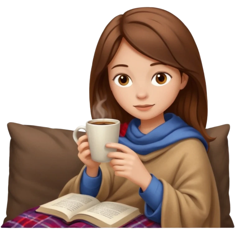 Beige Brown hair Girl drinking coffee, reading book with a cozy blanket emoji