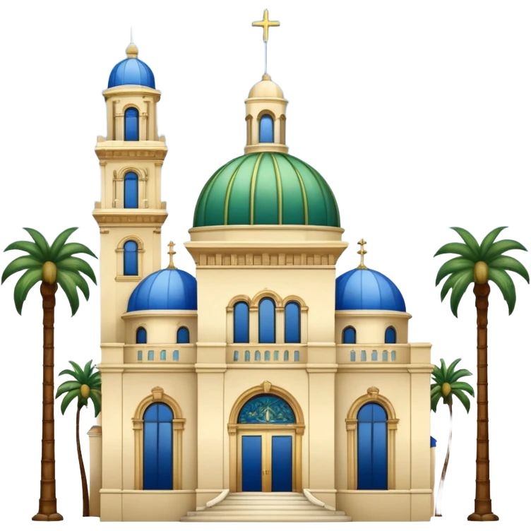 California Building with ornate blue, gold, and green tile dome and adjoining slender California Tower, Spanish Colonial Revival style, baroque details, palm trees, simple, no text, white background, version 2 emoji