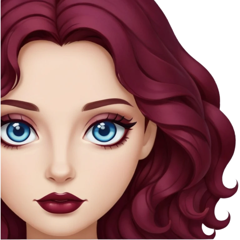 pretty long hair wavy dark wine red hair baddie with eyeliner and blue eyes emoji