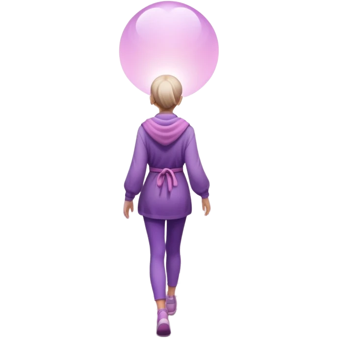A small figure walks back across a foggy bridge, holding soft pink and purple orbs in each hand—symbolizing compassion and forgiveness. A gentle heart aura trails behind them, showing healing in motion. emoji