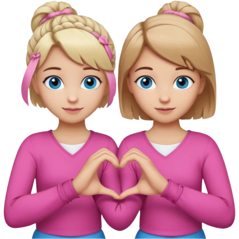 Two best friends making a heart shape with their hands together. One of them has blond hair which is shorter and the other has brown hair tied up. They are both wearing pink outfits. They both have blue eyes. One of them has their hair down  emoji
